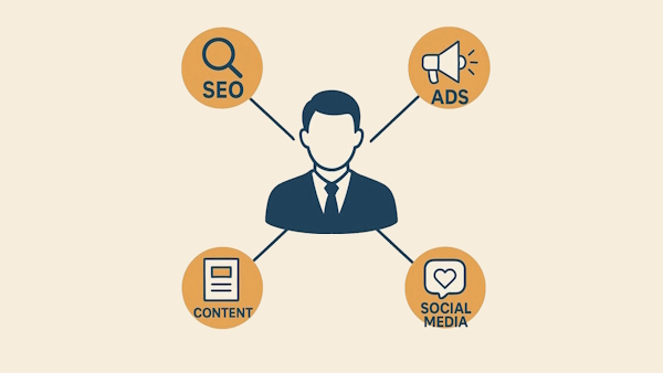 آیکون مدیر بین ۴ آیکون تبلیغات، سئو، سوشال مدیا و محتوا در شرح وظایف مدیر دیجیتال مارکتینگ