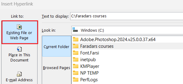 پنجره هایپرلینک-لینک کردن در اکسل