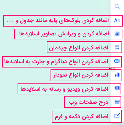 گزینه‌های مربوط به insert widget در گاما
