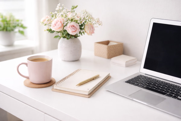 لپتاپ و ماگ روی میز کنار گلدان