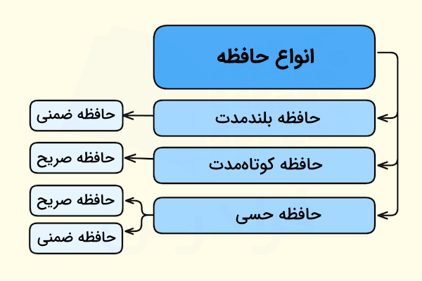 نمودار درختی برای نشان دادن ارتباط میان حافظه حسی، کوتاه‌مدت و بلندمدت با حافظه ضمنی و حافظه صریح است که در مرحله بازیابی از مراحل سه گانه حافظه نقش دارند.