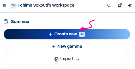 انتخاب گزینه create new در ابزار گاما برای ساخت اسلاید