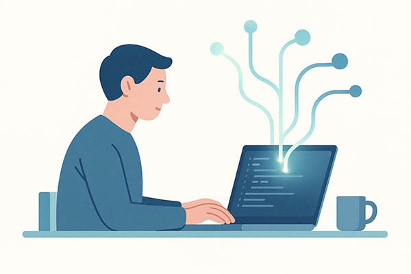 برنامه نویس پشت لپتاپش نشسته است و در حال کدنویسی است و از صفحه نمایش لپ تاپ او خطوطی که نشان دهنده پارادایم های مختلف هستند خارج شده است - پارادایم برنامه نویسی چیست