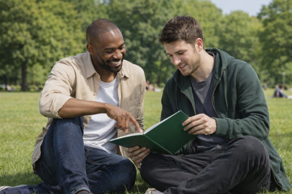 دو پسر در پارک در حال خواندن مقاله