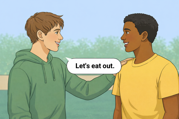 دو دوست درحال صحبت کردن درباره رستوران