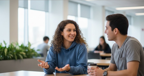 دو دانشجو در حال صحبت کردن در دانشگاه