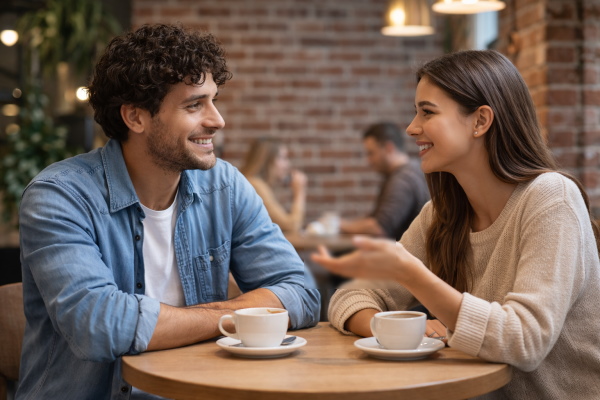 دختر و پسری در حال گفتگو در کافه