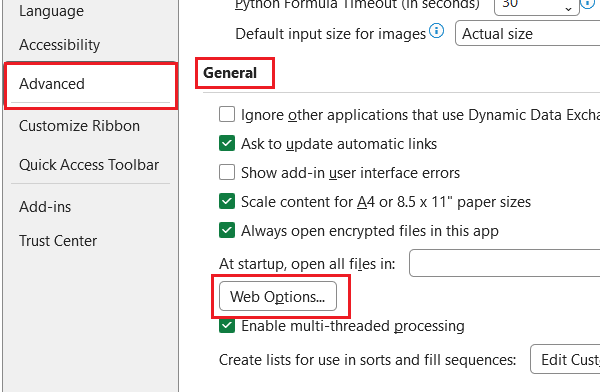 گزینه وب آپشن در اکسل-لینک کردن در اکسل
