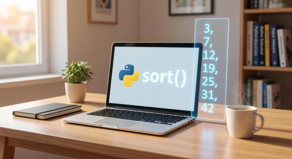 تابع sort در پایتون همراه با لوگو بر روی لپتاپ و اعداد مرتب شده در کنار آن‌ها قرار دارند.