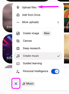 انتخاب گزینه Upload files در گوگل جمنای برای ساخت آهنگ