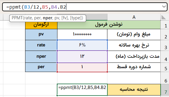 ورود آرگومانهای تابع-محاسبه اصل قسط