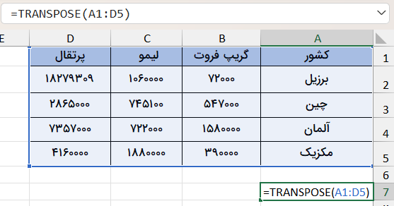اجرای تابع TRANSPOSE در نسخه‌های جدید اکسل-تبدیل سطر به ستون