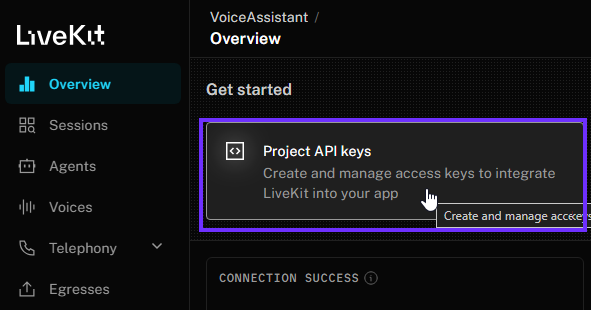 دریافت کلید API از کنسول LiveKit