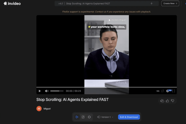 صفحه اصلی اپلیکیشن Invideo AI نشان داده شده است که در آن یک ویدیو با ابزارهای هوش مصنوعی در حال ایجاد و ویرایش است - اپلیکیشن ساخت انیمیشن با هوش مصنوعی
