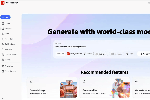 صفحه اصلی سایت AdobeFirefly که منوی امکانات آن در سمت چپ قرار دارد و در مرکز صفحه نیز کادری برای نوشتن پرامپت هوش مصنوعی قرار گرفته است - ساخت انیمیشن با هوش مصنوعی AdobeFirefly