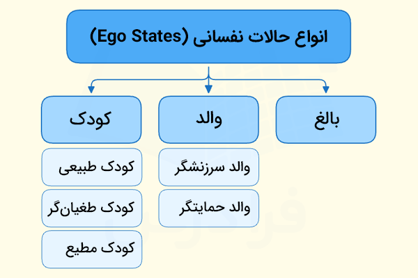 اینفوگرافیکی از انواع حالات نفسانی در تحلیل رفتار متقابل شامل بالغ، والد و کودک می‌شود.