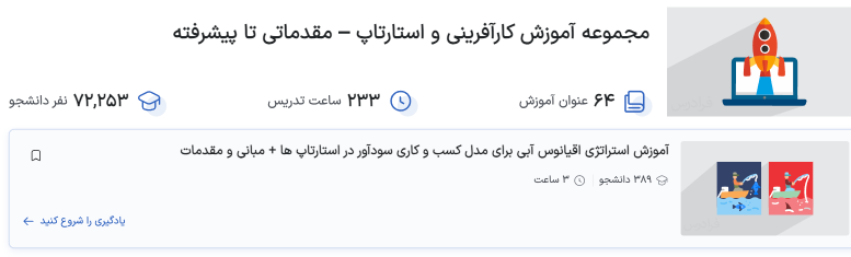 اسکرین شات از صفحه فرود مجموعه فیلم آموزش کارآفرینی و استارتاپ فرادرس