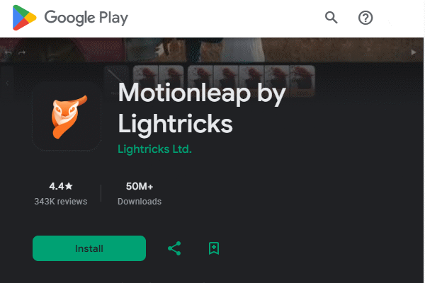 در تصویر صفحه دانلود اپلیکیشن Motionleap در گوگل پلی نشان داده شده است - ساخت انیمیشن با هوش مصنوعی