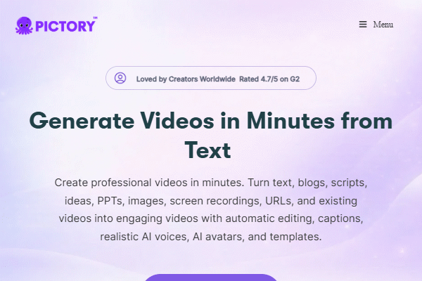 صفحه اصلی سایت Pictory در تصویر نشان داده شده است که توضیحاتی در خصوص روش‌های ساخت انیمیشن با این ابزار قابل مشاهده است - ساخت انیمیشن با هوش مصنوعی