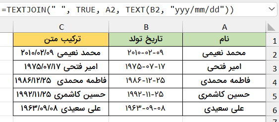 تابع textjoin و تاریخ میلادی-ترکیب حرفهای متن