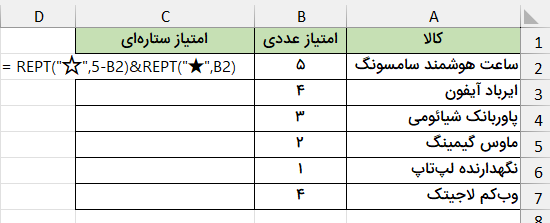 فرمول امتیازدهی حرفه‌ای-تابع rept در اکسل