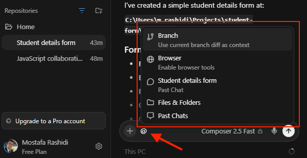 جستوجو و پاسخگویی در پایگاه کد Cursor AI