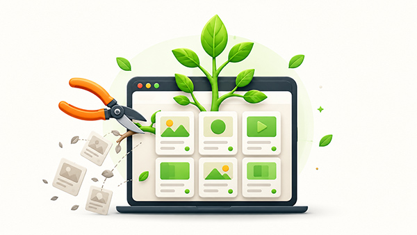 انبر باغبانی در حال هرس محتوای اضافی از سایت روی لپ تاپ - هرس محتوا Content pruning چیست