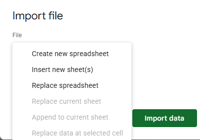 گزینه‌های مختلف وارد کردن فایل-googlesheet