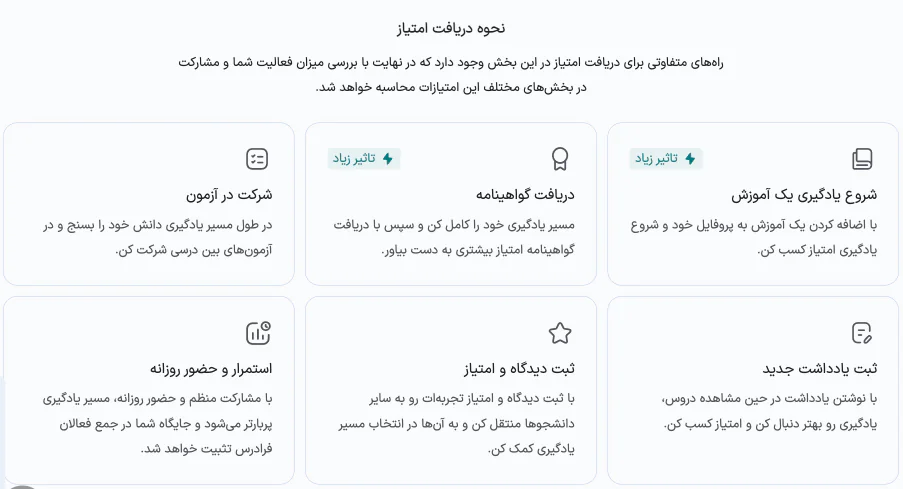 اسکرین شات از سایت فرادرس برای روش‌های دریافت امتیاز