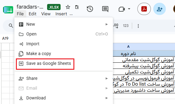 ذخیره فایل-تبدیل اکسل به گوگل شیت
