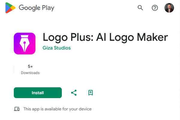 صفحه دانلود اپلیکیشن Logo Plus برای ساخت لوگو با هوش مصنوعی در تصویر نشان داده شده است.
