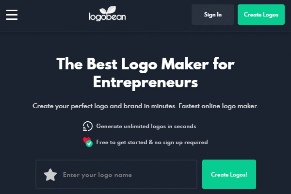 صفحه اصلی سایت Logobean بهترین ابزار ساخت برای کارآفرینان در تصویر نشان داده شده است