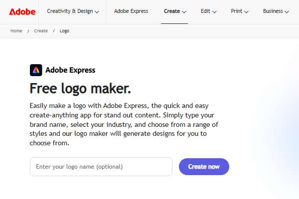 صفحه اصلی سایت رسمی اپلیکیشن Adobe Express برای ساخت لوگو با هوش مصنوعی در تصویر نشان داده شده است