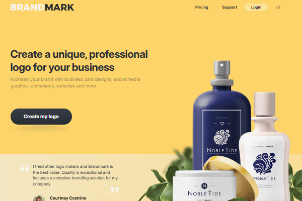 صفحه اصلی سایت Brandmark برای طراحی لوگو بر اساس هویت برند با هوش مصنوعی در تصویر نشان داده شده است