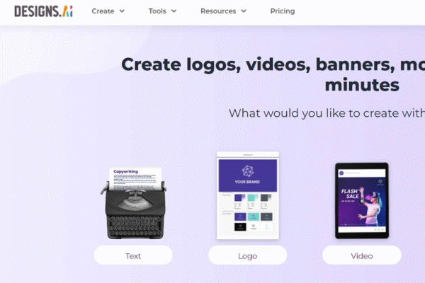 صفحه اصلی سایت Designs AI برای طراحی لوگو با هوش مصنوعی در تصویر نشان داده شده است