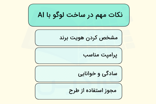نکات مهم در ساخت لوگو با هوش مصنوعی در تصویر به صورت ستونی آورده شده است