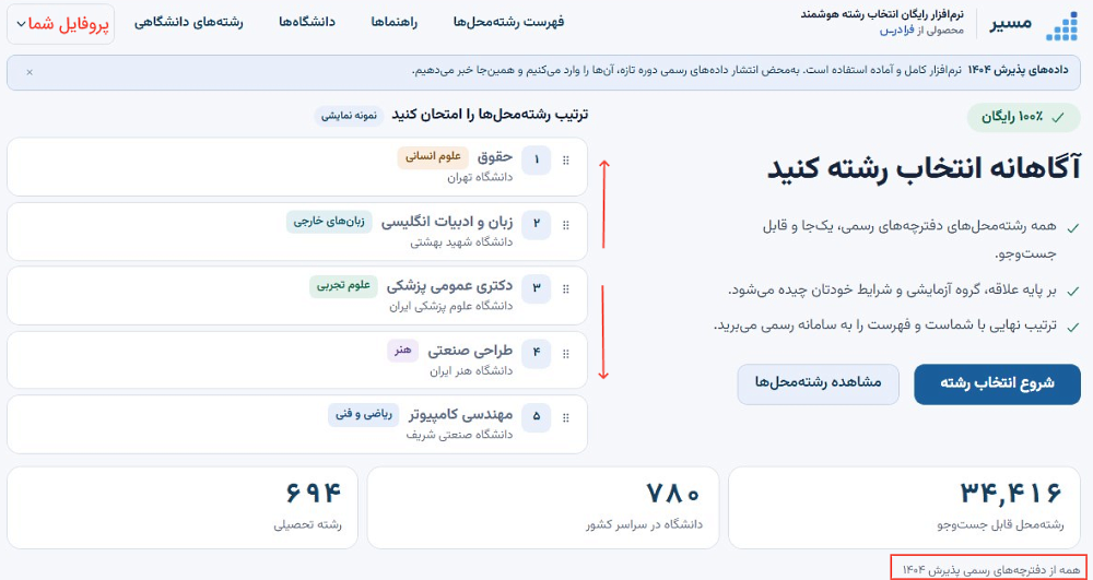 ورود به وبسایت مسیر فرادرس و شروع انتخاب رشته