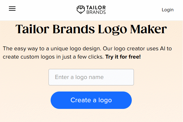 صفحه اصلی سایت Tailor Brands ابزار ساخت لوگو با هوش مصنوعی در تصویر نشان داده شده است