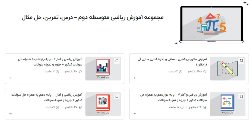 مجموعه آموزش ریاضی متوسطه دوم – درس، تمرین، حل مثال و تست فرادرس