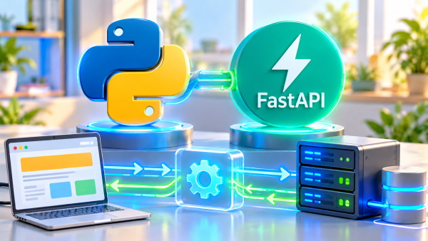 پایتون و FastAPI بالای سر لپتاپ و سرور در حال کار هستند. - FastAPI چیست