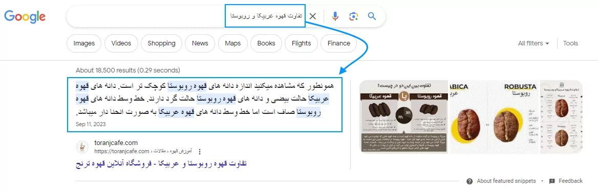 نمونه پاسخ ويژه SERP گوگل برای عبارت تفاوت قهوه عربیکا و روبوستا