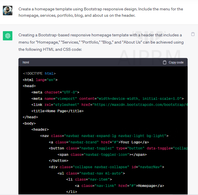 نمونه کد html صفحه اصلی سایت با chatgpt