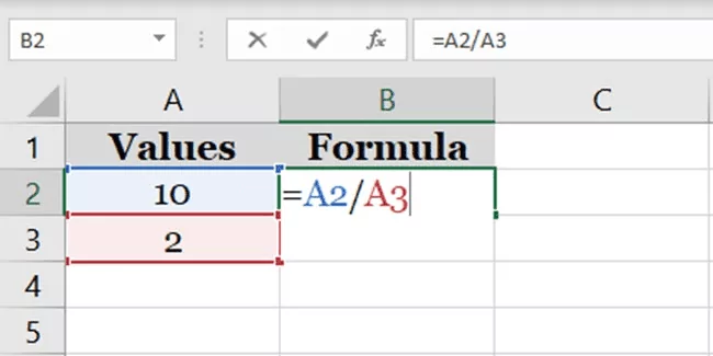 صفحه اکسل که فرمول نویسی با عملگر تقسیم را نشان می‌دهد.
