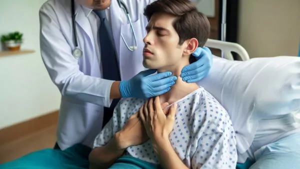 مردی با لباس بیماریتان روی تخت دراز کشیده و پزشک غده تیروئید او را معاینه می‌کند - بیماری های غده تیروئید
