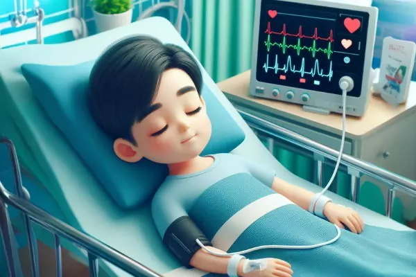 پسری روی تخت بیمارستان دراز کشیده و مانیتور قلب به او وصل شده است - احیای قلبی کودکان