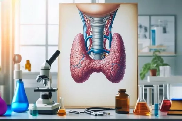پوستر غده تیروئید انسان روی میز آزمایشگاه همراه لوله‌های آزمایش و میکروسکوپ - هورمون های تیروئیدی