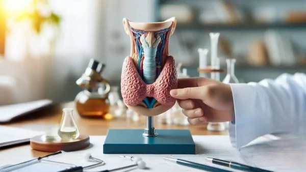 یک مدل آناتومی غده تیروئید انسان روی میز آژمایشگاه قرار دارد - هورمون تیروئیدی