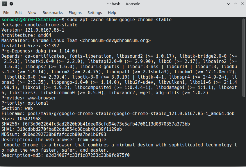 بررسی جزئیات پکیج با دستور apt-cache show - نصب برنامه در لینوکس