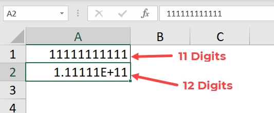 نمایش دو عدد در سلول های A1 و A2 که عدد دوم به صورت عدد علمی نمایش داده شده است.