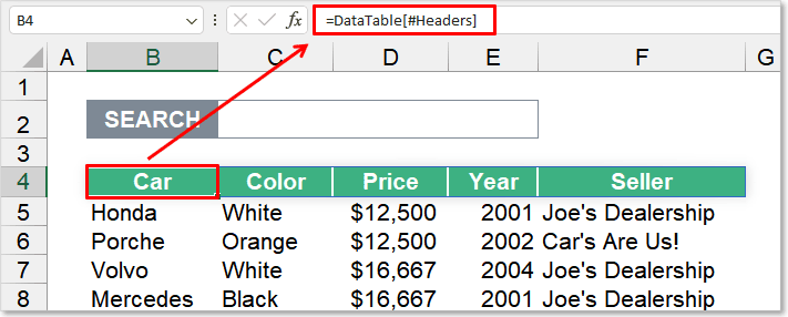 جدول داده های اکسل که کادر data table در آن مشخص شده است.